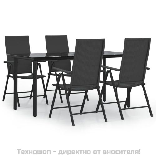 Градински трапезен комплект, 5 части, черен, полиратан