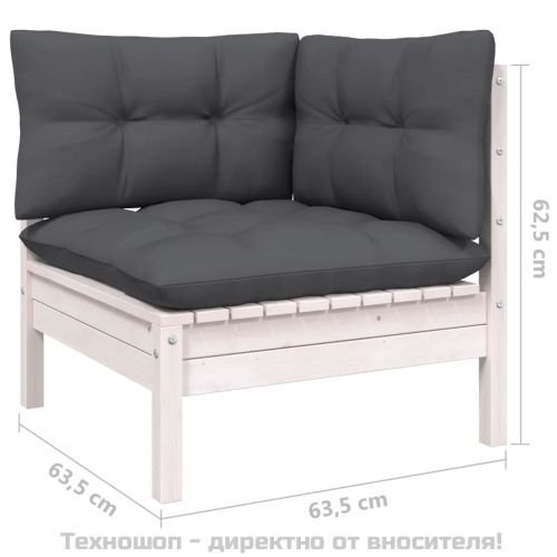 Градински лаундж комплект 3 части с възглавници бял бор масив