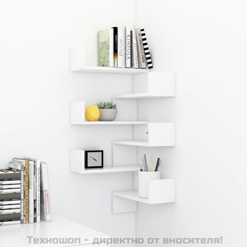 Стенни ъглови рафтове, 2 бр, бели, 40x40x50 см, инженерно дърво