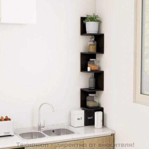 Стенен ъглов рафт, черен, 20x20x127,5 см, инженерно дърво