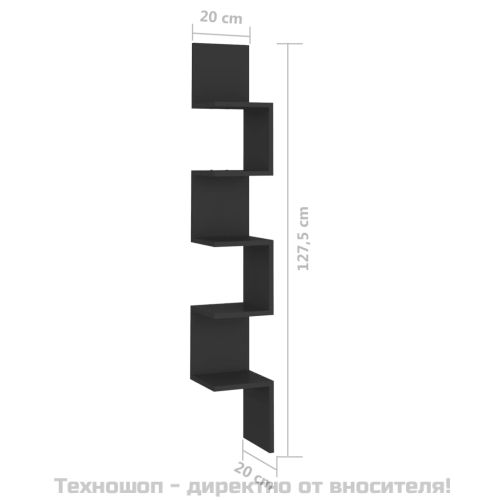 Стенен ъглов рафт, черен, 20x20x127,5 см, инженерно дърво