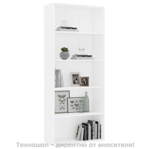 5-етажна библиотека, бяла, 80x30x189 см, инженерно дърво
