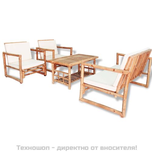 Градински комплект с възглавници, 4 части, бамбук