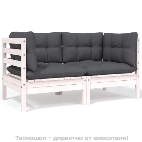 Градински 2-местен диван с възглавници, бял, борово дърво масив