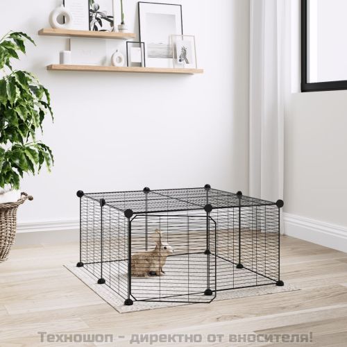 Клетка за животни с врата, 12 панела, черна, 35x35 см, стомана