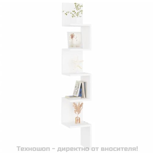 Стенен ъглов рафт, бял, 20x20x127,5 см, инженерно дърво