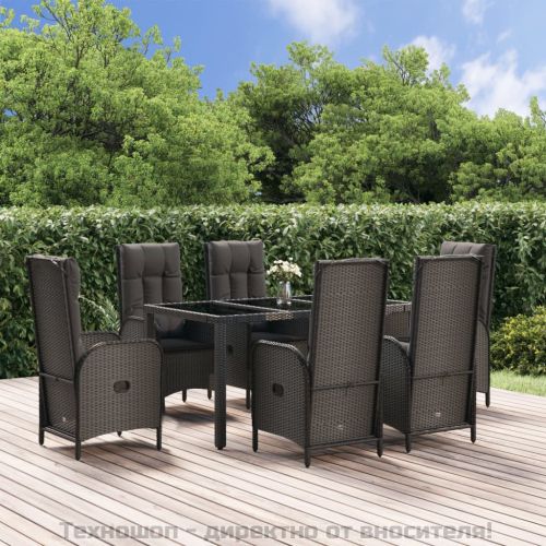 Градински трапезен комплект 7 части с възглавници сив полиратан