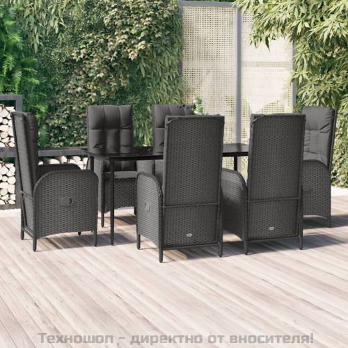 Градински трапезен комплект 7 части възглавници черен полиратан