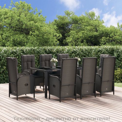 Градински трапезен комплект 9 части с възглавници сив полиратан