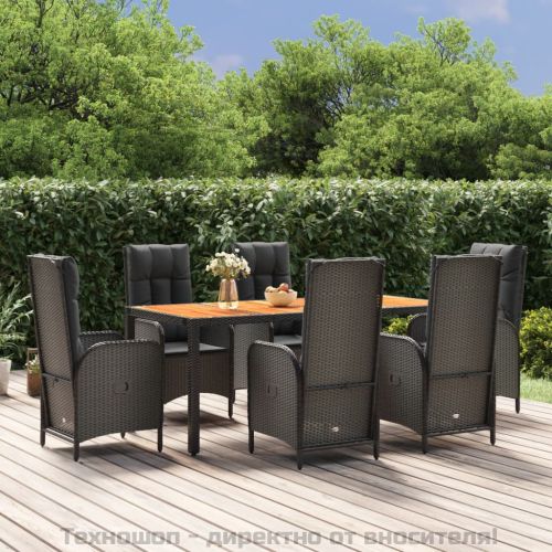 Градински трапезен комплект 7 части възглавници черен полиратан