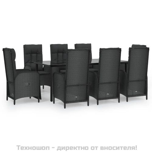 Градински трапезен комплект възглавници 9 части черен полиратан