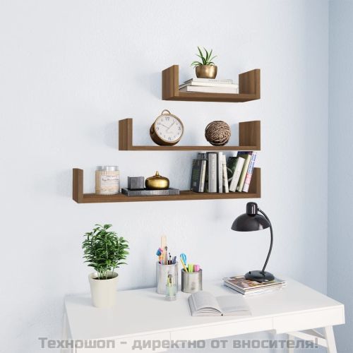 Стенни рафтове, 3 бр, кафяв дъб, инженерно дърво