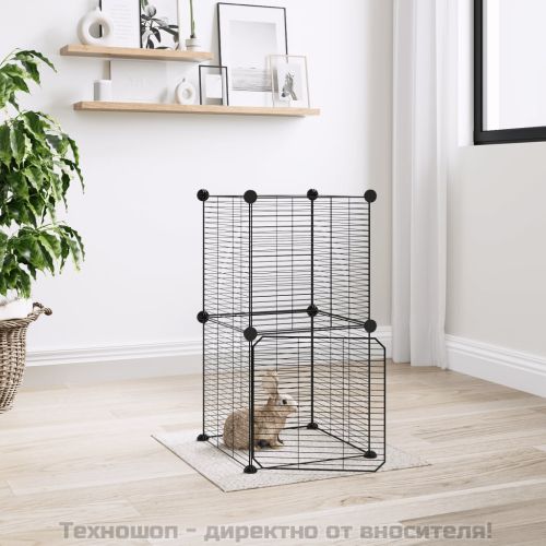 Клетка за животни с врата, 8 панела, черна, 35x35 см, стомана