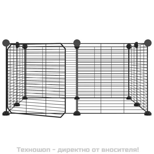 8-панелен кът за домашни любимци с врата, черна, 35x35 см, стомана