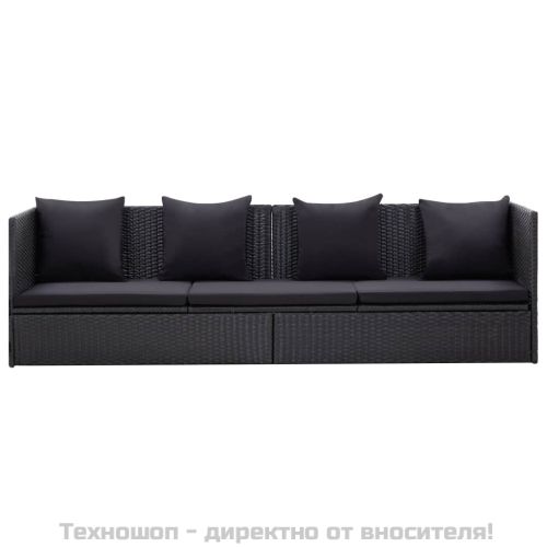 Градинско легло с възглавници, полиратан, черно