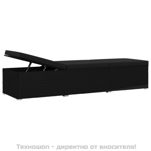 Шезлонг с шалте, полиратан, черен