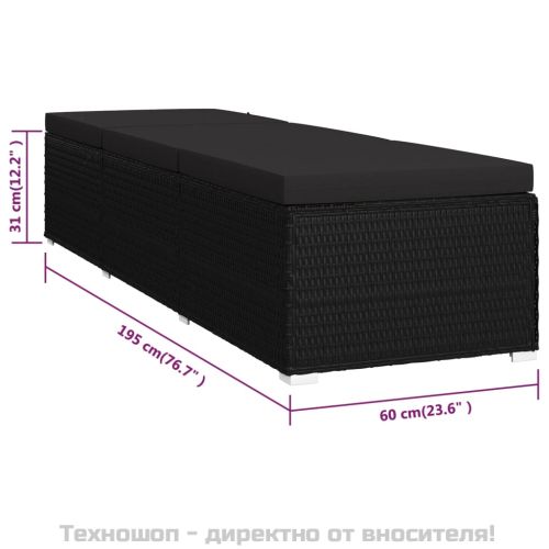 Шезлонг с шалте, полиратан, черен