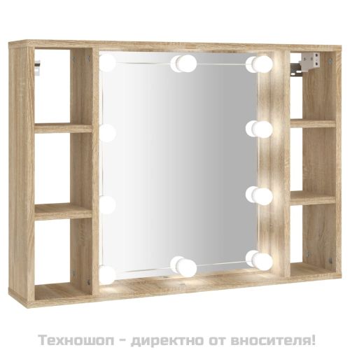 Огледален шкаф с LED, дъб сонома, 76x15x55 см