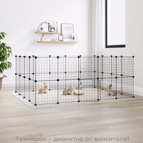Клетка за животни с врата, 36 панела, черна, 35x35 см, стомана