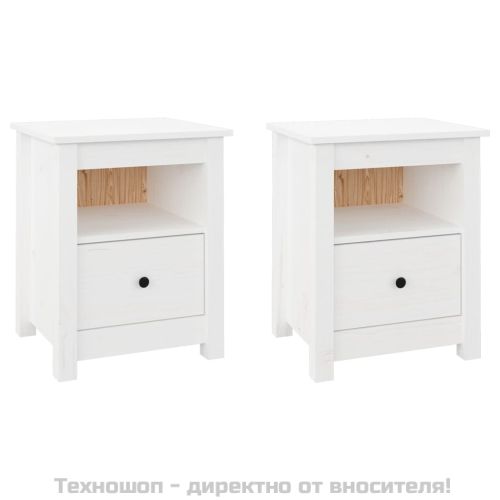 Нощни шкафчета, 2 бр, бели, 40x35x49 см, борово дърво масив