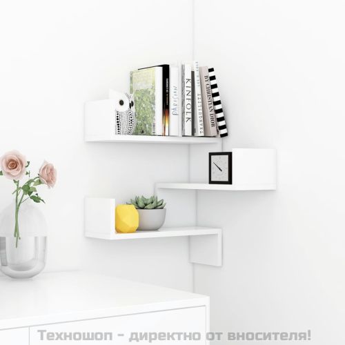 Стенен ъглов рафт, бял, 40x40x50 см, инженерно дърво