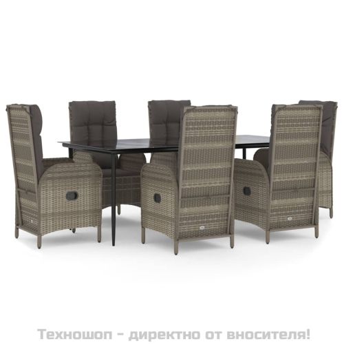 Градински трапезен комплект 7 части с възглавници сив полиратан