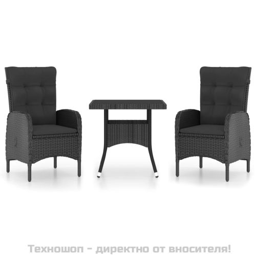 Градински трапезен комплект, 3 части, полиратан и стъкло, черен