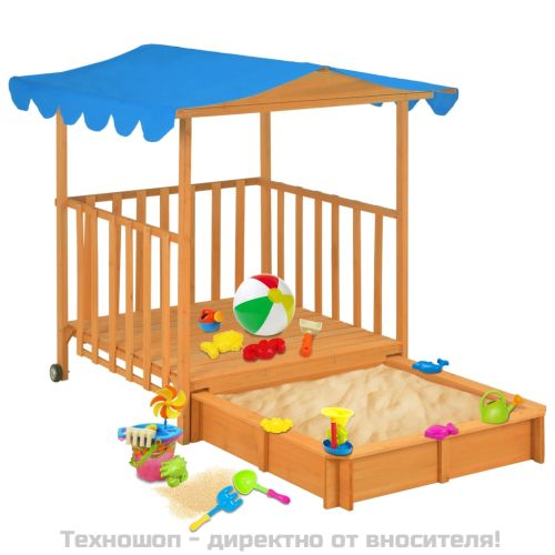 Детска къща за игра с пясъчник, чамова дървесина, синя, UV50