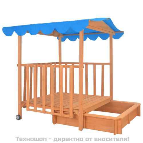 Детска къща за игра с пясъчник, чамова дървесина, синя, UV50