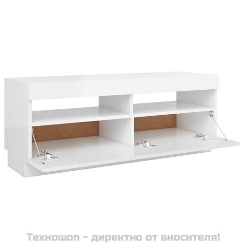ТВ шкаф с LED осветление, бял гланц, 100x35x40 см