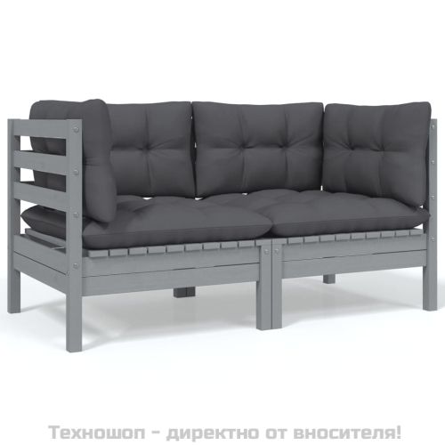 Градински 2-местен диван с възглавници, сив, бор масив