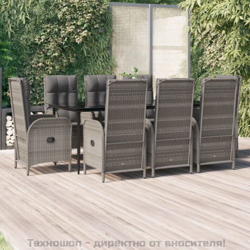 Градински трапезен комплект 9 части с възглавници сив полиратан