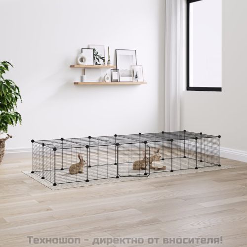 Клетка за животни с врата, 28 панела, черна, 35x35 см, стомана