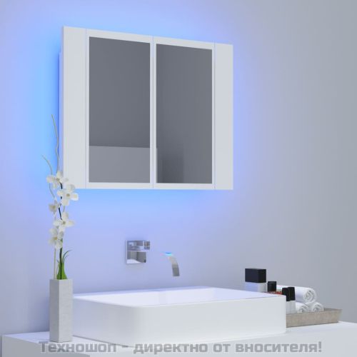 Шкаф с LED огледало за баня, бял, 60x12x45 см, акрил