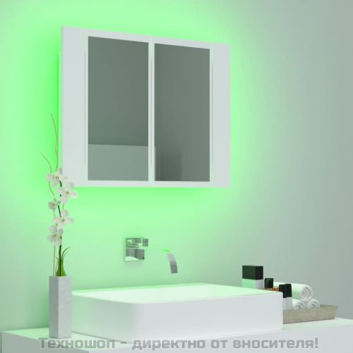 Шкаф с LED огледало за баня, бял, 60x12x45 см, акрил