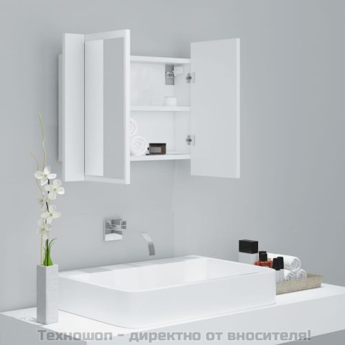 Шкаф с LED огледало за баня, бял, 60x12x45 см, акрил