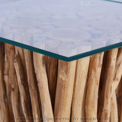 Маса за кафе със стъклен плот, 66x66x40 см, тиково дърво масив