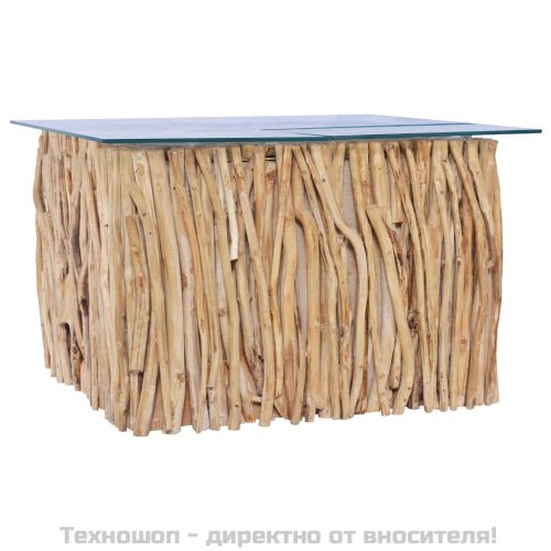 Маса за кафе със стъклен плот, 66x66x40 см, тиково дърво масив