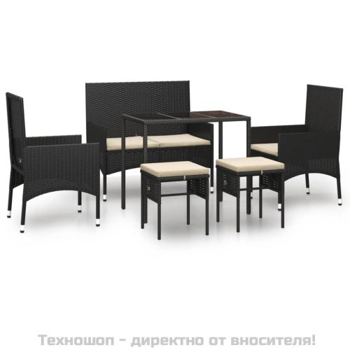 Градински комплект с възглавници, 6 части, черен, полиратан