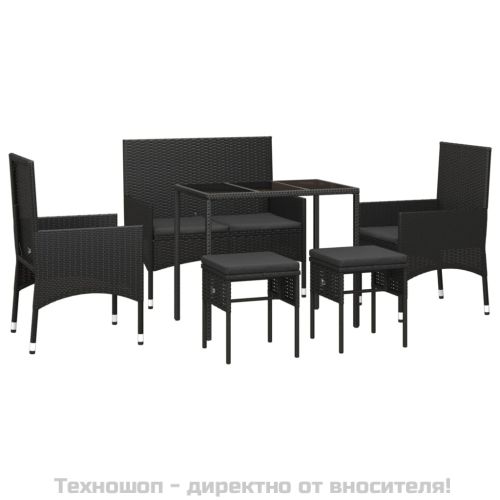 Градински комплект с възглавници, 6 части, черен, полиратан