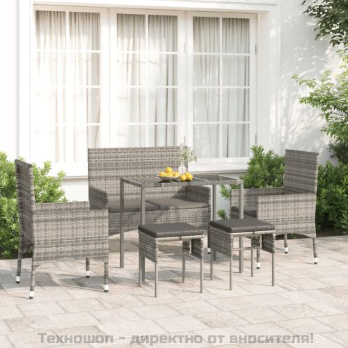 Градински комплект с възглавници, 6 части, полиратан, сив