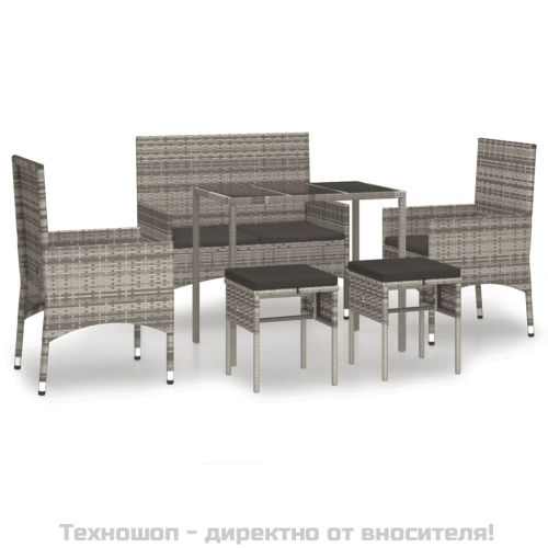 Градински комплект с възглавници, 6 части, полиратан, сив