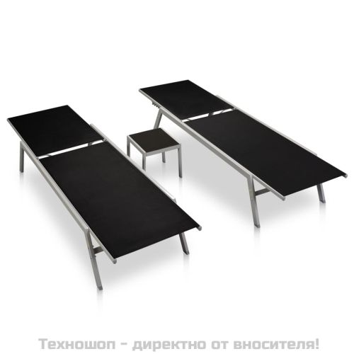 Шезлонги, 2 бр, с масичка, стомана и Textilene, черни