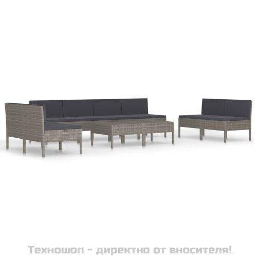 Градински комплект с възглавници, 10 части, полиратан, сив