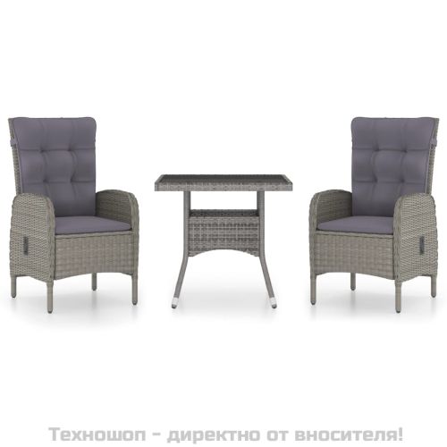 Градински трапезен комплект, 3 части, полиратан и стъкло, сив