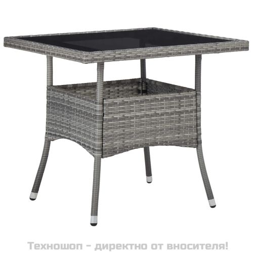 Градински трапезен комплект, 3 части, полиратан и стъкло, сив