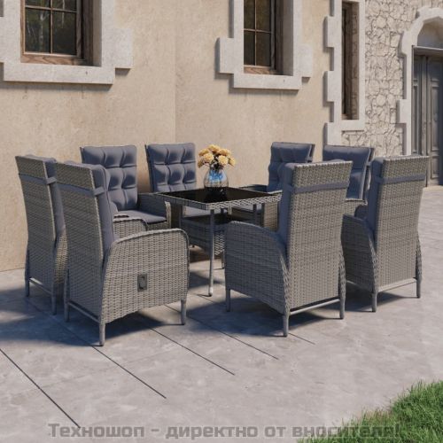 Градински трапезен комплект, 9 части, полиратан и стъкло, сив