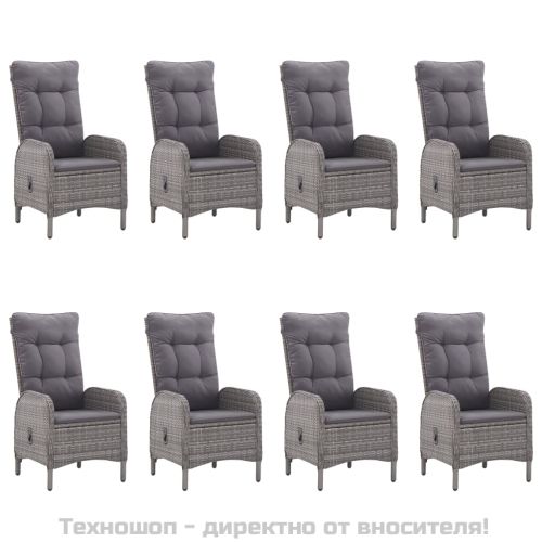 Градински трапезен комплект, 9 части, полиратан и стъкло, сив