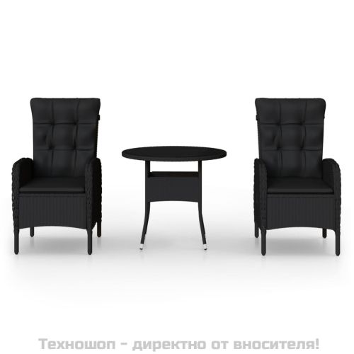 Градински бистро комплект, 3 части, полиратан, черен