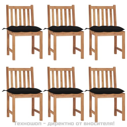 Градински столове, 6 бр, с възглавници, тиково дърво масив